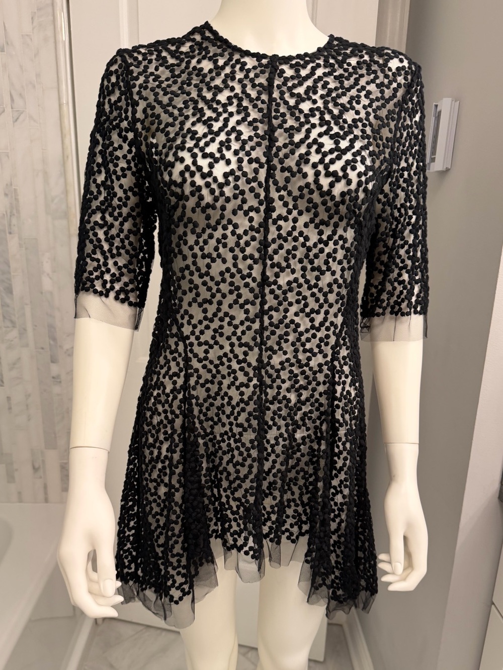Lela Rose Black  Mesh Peplum Blouse Top Embroidered Sz 8